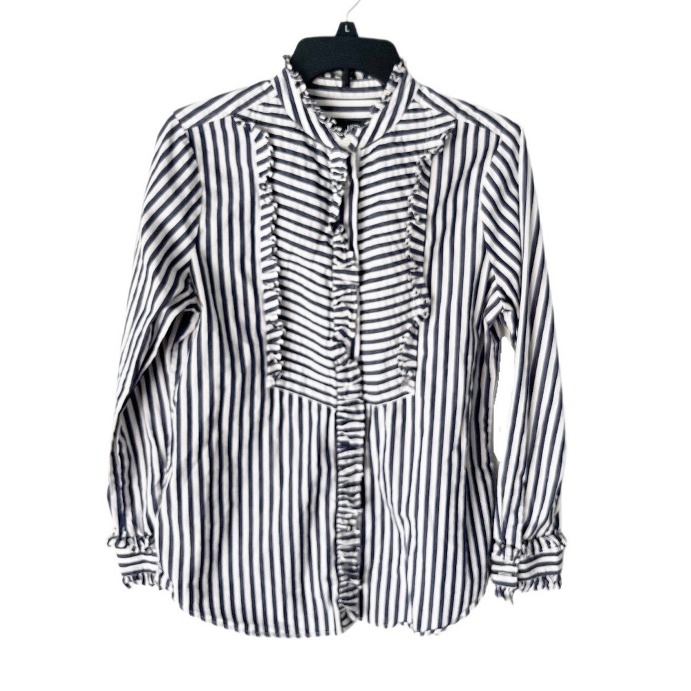 J. Crew Ruffle Trim Tuxedo Navy Blue & White Button Down Top Size Small AU281
